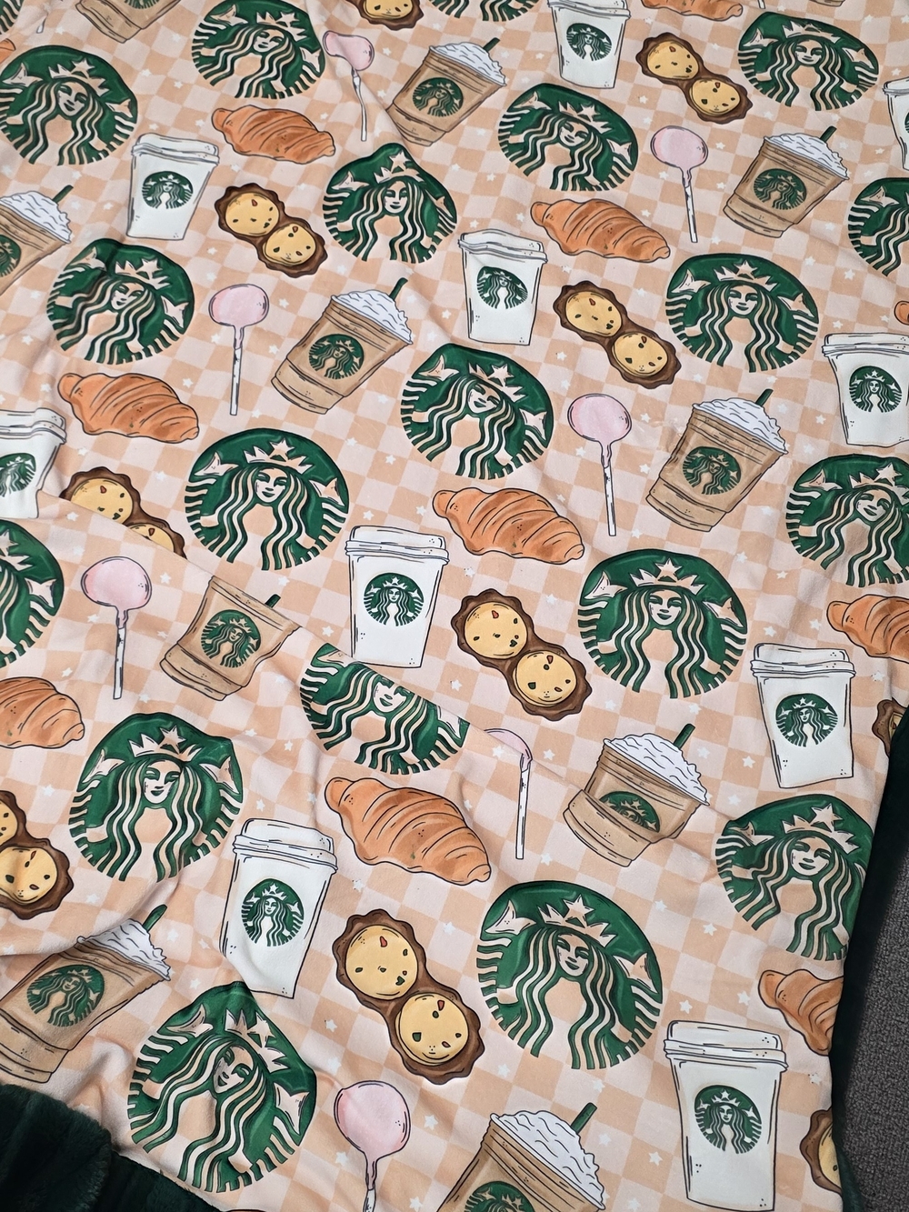 Starbucks-Themed Peach Check Bedding Throw - Pink & Green Pattern. Custom MINKY